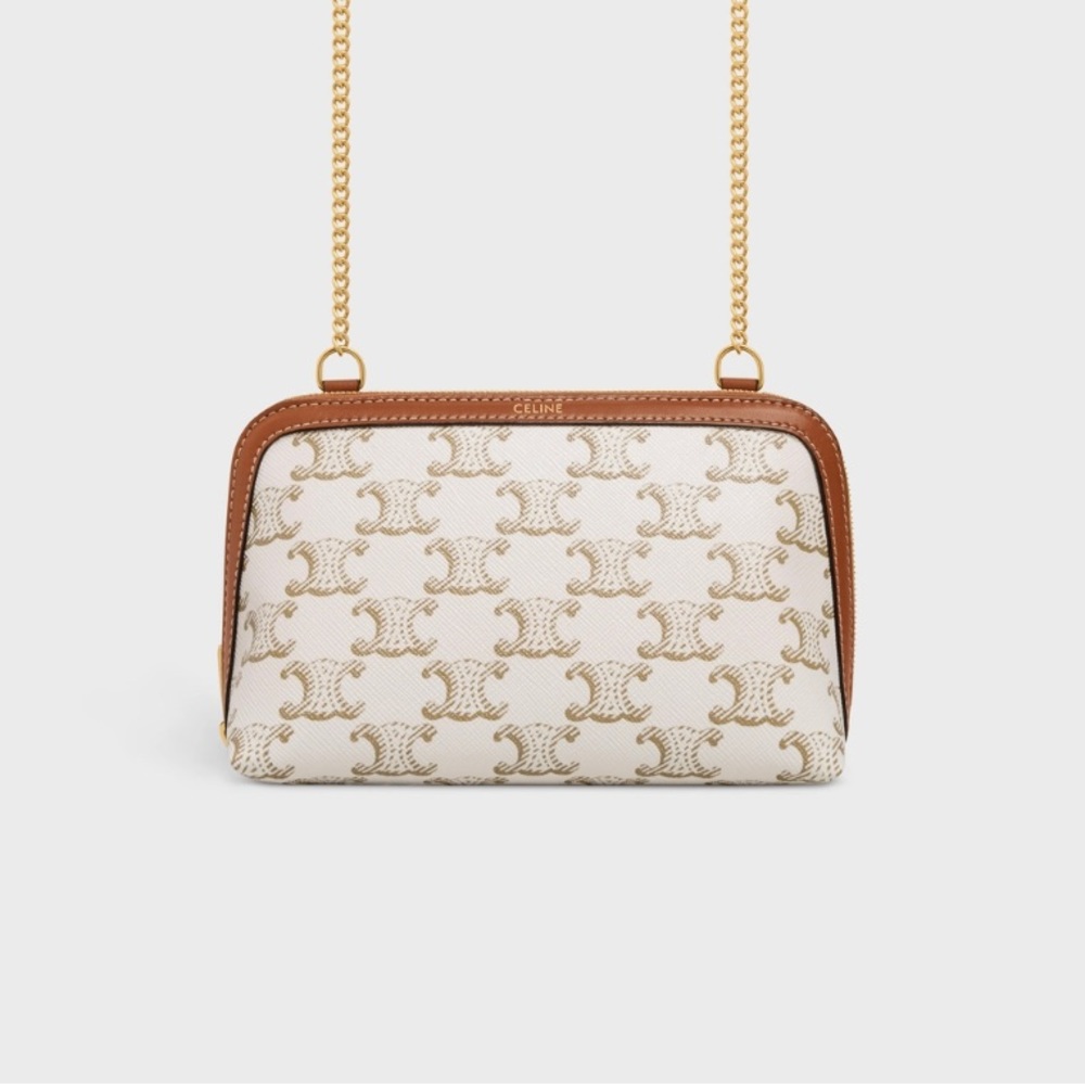 CELINE CLUTCH WITH CHAIN IN TRIOMPHE CANVAS AND LAMBSKIN
WHITE/TAN